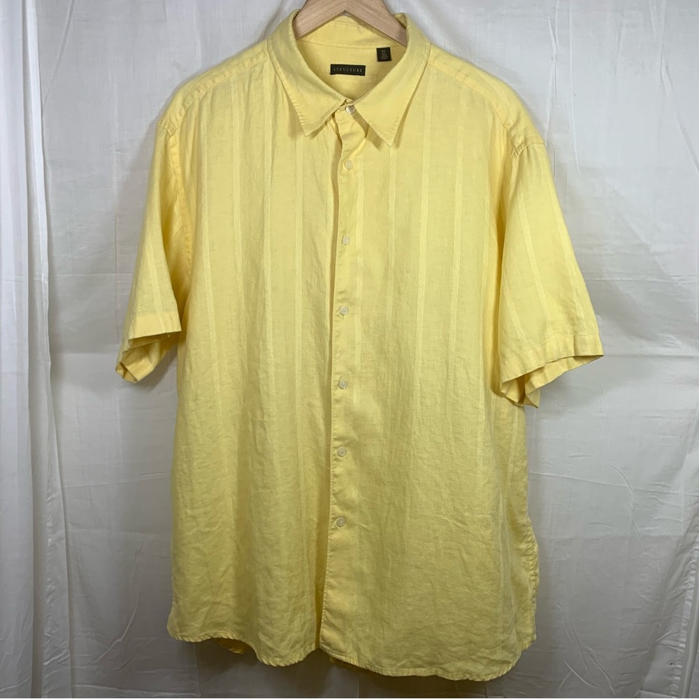 Structure 100%‎ Linen Textured Woven Yellow Casual Button Down Shirt Size XL